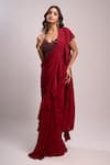 Shop_Aza X Shilpa Shetty Kundra_Red Viscose, Crepe Ruffles, Beads Pre-draped Saree With Embroidered Blouse _at_Aza_Fashions