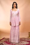 Alaya Advani Pink Georgette Embroidery, Sequins Square Neck Floral Peplum Kurta Sharara Set Online at Aza Fashions Alaya Advani_Pink Georgette Embroidery, Sequins Square Neck Floral Peplum Kurta Sharara Set _Online_at_Aza_Fashions