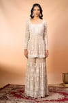 Buy Alaya Advani Beige Georgette Embroidery Square Neck Floral Kurta Sharara Set Online Buy_Alaya Advani_Beige Georgette Embroidery Square Neck Floral Kurta Sharara Set _Online