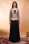 Alaya Advani_Black Silk Embroidery, Mirrors V-, Square Jacket Palazzo Set _Online_at_Aza_Fashions