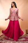 Alaya Advani_Fuchsia Silk Embroidery V-neck Top With Sharara 
