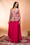 Alaya Advani_Fuchsia Silk Embroidery V-neck Top With Sharara 