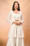 Alaya Advani_White Georgette Embroidery Open , Sweetheart Long Jacket Sharara Set 
