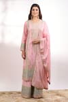 Shop Alaya Advani Pink Georgette Embroidery V-neck Flower Kurta Palazzo Set Online Shop_Alaya Advani_Pink Georgette Embroidery V-neck Flower Kurta Palazzo Set _Online