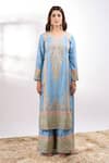 Shop Alaya Advani Blue Georgette Embroidery, Sequins, Zari V-neck Flower Palazzo Set Online at Aza Fashions Shop_Alaya Advani_Blue Georgette Embroidery, Sequins, Zari V-neck Flower Palazzo Set _Online_at_Aza_Fashions
