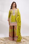 Shop_Alaya Advani_Green Georgette Embroidery, Sequins, Zari V-neck Flower Kurta Sharara Set 