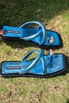 Shop_Shradha Hedau Footwear Couture_Blue Babe Metallic Criss-cross Strap Toe Ring Flats _at_Aza_Fashions