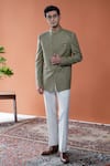 Shop_Philocaly_Olive Green Wool Embroidery, Brooches Virang Pintuck Shoulder Panel Bandhgala _at_Aza_Fashions