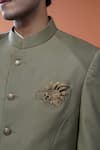 Shop_Philocaly_Olive Green Wool Embroidery, Brooches Virang Pintuck Shoulder Panel Bandhgala _Online_at_Aza_Fashions