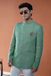 Buy_Philocaly_Green Linen Brooches Shyamal Pintuck Bandhgala _at_Aza_Fashions