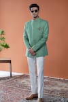 Buy_Philocaly_Green Linen Brooches Shyamal Pintuck Bandhgala _Online_at_Aza_Fashions