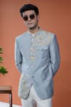 Buy_Philocaly_Sky Blue Silk Embroidery, Sequins Zardneel Floral Bandhgala _at_Aza_Fashions