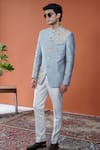 Shop_Philocaly_Sky Blue Silk Embroidery, Sequins Zardneel Floral Bandhgala _at_Aza_Fashions