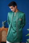 Philocaly_Emerald Green Linen, Satin Embroidery, Brooches Vishruta Shawl Lapel Bandhgala _Online_at_Aza_Fashions