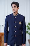 Philocaly_Navy Wool Embroidery Indranil Dabka Bandhgala _Online_at_Aza_Fashions