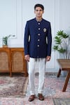 Shop_Philocaly_Navy Wool Embroidery Indranil Dabka Bandhgala _at_Aza_Fashions