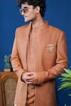 Philocaly_Rust Cotton, Silk Embroidery, Brooches Bandhgala And Kurta _Online_at_Aza_Fashions