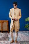 Shop_Philocaly_Beige Silk, Linen, Satin Embroidery Amber Pintuck Open Sherwani And Kurta _at_Aza_Fashions