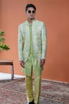 Philocaly_Green Cotton, Tussar Piping Neerja Floral Printed Open Indo Bandhgala Jacket _Online_at_Aza_Fashions