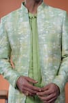 Buy_Philocaly_Green Cotton, Tussar Piping Neerja Floral Printed Open Indo Bandhgala Jacket _Online_at_Aza_Fashions