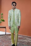 Shop_Philocaly_Green Tussar, Cotton, Neerja Floral Open Bandhgala And Pintuck Kurta _at_Aza_Fashions