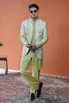 Buy_Philocaly_Green Tussar, Cotton, Neerja Floral Open Bandhgala And Pintuck Kurta _at_Aza_Fashions