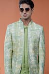 Buy_Philocaly_Green Tussar, Cotton, Neerja Floral Open Bandhgala And Pintuck Kurta _Online_at_Aza_Fashions