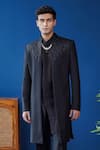 Philocaly_Black Wool, Chanderi Embroidery Shaam Perennial Sherwani And Kurta Set _Online_at_Aza_Fashions