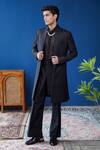 Shop_Philocaly_Black Wool, Chanderi Embroidery Shaam Perennial Sherwani And Kurta Set _at_Aza_Fashions