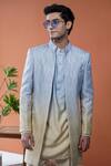 Philocaly_Blue Silk, Linen, Satin Embroidery Aurevia Ombre Sherwani And Kurta Set _at_Aza_Fashions