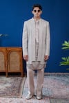 Shop_Philocaly_Gray Georgette, Silk Pardaaz Embroidered Bandhgala Jacket And Kurta _at_Aza_Fashions