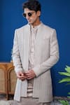 Philocaly_Gray Georgette, Silk Pardaaz Embroidered Bandhgala Jacket And Kurta _Online_at_Aza_Fashions