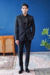 Shop_Philocaly_Black Wool Zari, Embroidery Noircrest Geometric Neem Tuxedo _at_Aza_Fashions