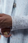 Philocaly_Sky Blue Silk Embroidery, Zari, Feathers Ravineen Sherwani Set _Online_at_Aza_Fashions