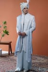 Buy_Philocaly_Sky Blue Silk Embroidery, Zari, Feathers Ravineen Sherwani Set _at_Aza_Fashions