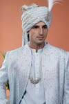 Shop_Philocaly_Sky Blue Silk Embroidery, Zari, Feathers Ravineen Sherwani Set 