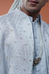 Philocaly_Sky Blue Silk Embroidery, Zari, Feathers Ravineen Sherwani Set _Online
