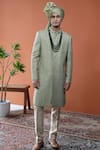 Shop_Philocaly_Olive Green Silk Embroidery, Sequins Sherwani Set _Online_at_Aza_Fashions