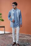 Shop_Philocaly_Blue Tussar, Cotton, Linen, Satin Nilo Printed Bundi And Pintuck Kurta _at_Aza_Fashions