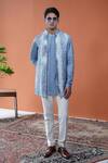 Buy_Philocaly_Blue Tussar, Cotton, Linen, Satin Nilo Printed Bundi And Pintuck Kurta _at_Aza_Fashions