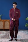 Shop_Philocaly_Wine Linen, Satin Embroidery Arohan Bundi And Kurta Set _at_Aza_Fashions