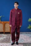 Buy_Philocaly_Wine Linen, Satin Embroidery Arohan Bundi And Kurta Set _at_Aza_Fashions