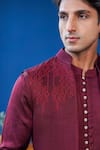 Philocaly_Wine Linen, Satin Embroidery Arohan Bundi And Kurta Set _at_Aza_Fashions