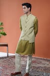 Philocaly_Olive Green Silk Kirit Pintucks Panelled Low-high Hem Bundi _Online_at_Aza_Fashions