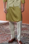 Shop_Philocaly_Olive Green Silk, Linen, Satin Kirit Paneled Pintuck Bundi And Kurta Set _Online_at_Aza_Fashions