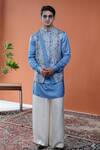 Buy_Philocaly_Blue Linen, Satin Taran Printed Bundi  _at_Aza_Fashions