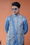 Buy_Philocaly_Blue Linen, Satin Taran Printed Bundi And Tonal Kurta Set _Online_at_Aza_Fashions