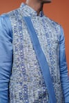 Philocaly_Blue Linen, Satin Taran Printed Bundi And Tonal Kurta Set _at_Aza_Fashions