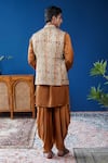 Shop_Philocaly_Tan Linen, Satin Rivan Printed Checkered Open Bundi _at_Aza_Fashions