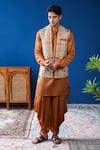 Buy_Philocaly_Brown Linen, Satin Rivan Checkered Print Bundi And Kurta _at_Aza_Fashions
